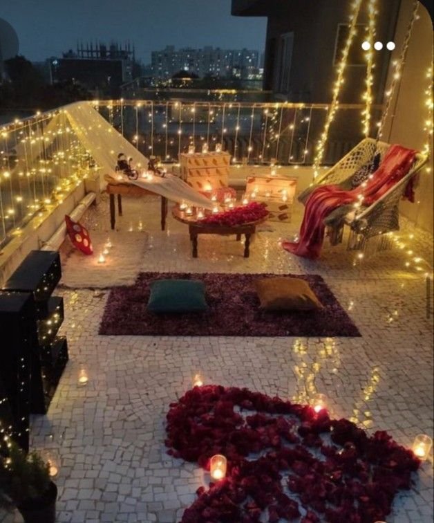 : Romantic Valentine decor setup featuring cozy garden and rooftop elements
