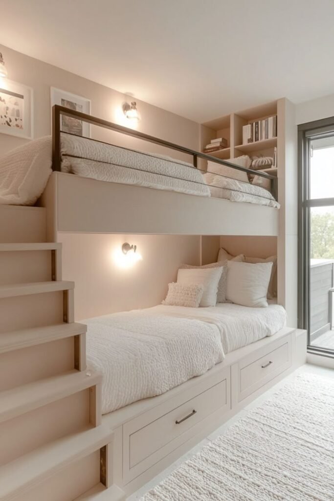 A bunk bed with built-in storage and a study desk, perfect for maximizing space in a kids' room.