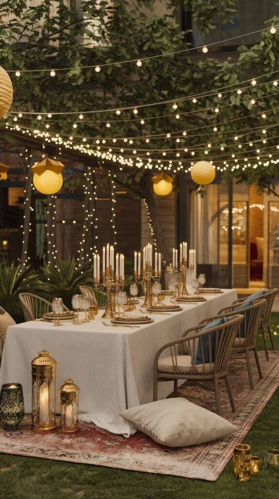 Ramadan Outdoor Decor: Traditional Moroccan lanterns hanging from a pergola, creating a warm and inviting Ramadan ambiance